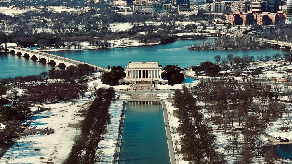 The Lincoln Memorial and Memorial Bridge in the snow.